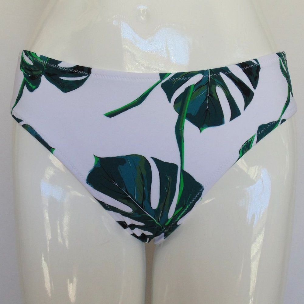 new CUPSHE Bikini Bottoms, S, White/Green leaf print, lower cut, Cheeky